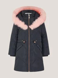 Monsoon Blue Hooded Faux Fur Puffer Coat