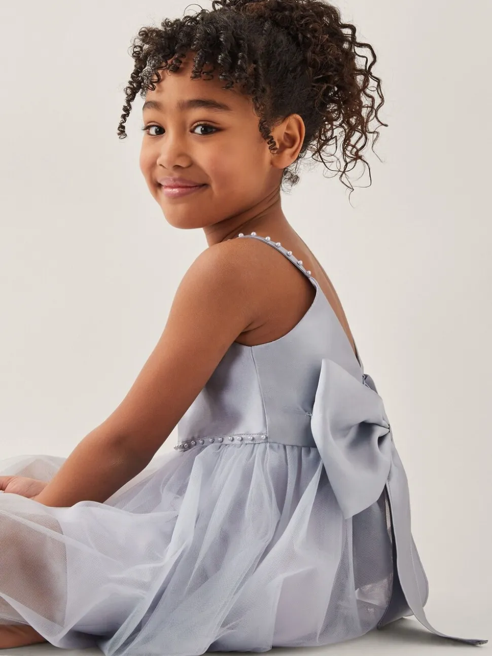 Monsoon Blue Pearl Embellished Bow Dress