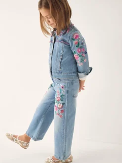 Monsoon Blue Sequin Floral Embroidered Wide Leg Jeans