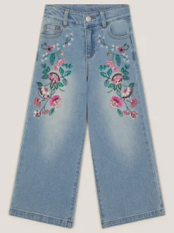 Monsoon Blue Sequin Floral Embroidered Wide Leg Jeans