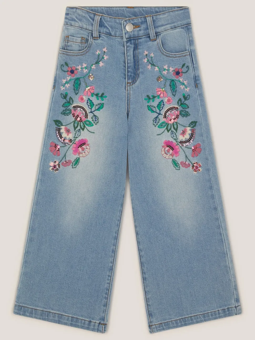 Monsoon Blue Sequin Floral Embroidered Wide Leg Jeans
