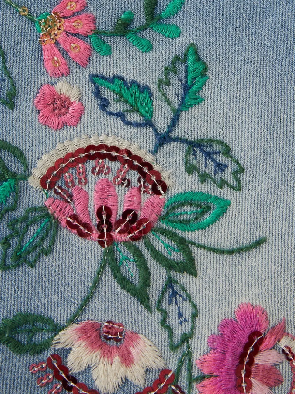 Monsoon Blue Sequin Floral Embroidered Wide Leg Jeans