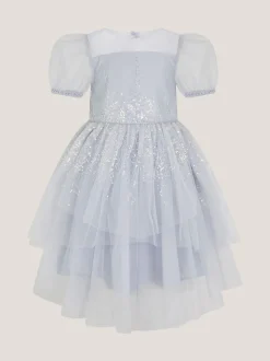 Monsoon Blue Sequin Puff Sleeve Tiered Party Dress