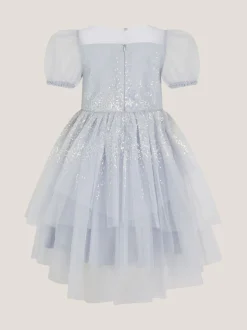 Monsoon Blue Sequin Puff Sleeve Tiered Party Dress