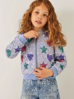 Monsoon Blue Star & Heart Sequin Bomber Jacket