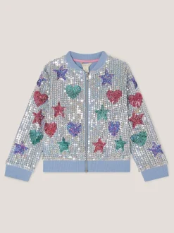 Monsoon Blue Star & Heart Sequin Bomber Jacket
