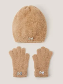 Monsoon Brown Jewel Bow Fuzzy Knit Hat & Gloves Set