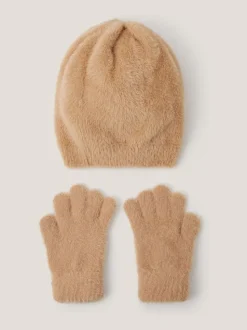 Monsoon Brown Jewel Bow Fuzzy Knit Hat & Gloves Set
