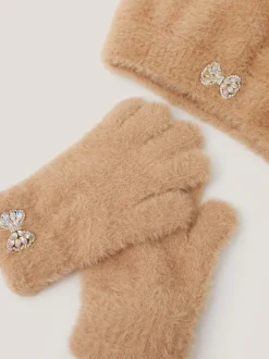 Monsoon Brown Jewel Bow Fuzzy Knit Hat & Gloves Set