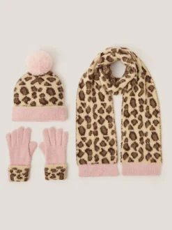 Monsoon Brown Leopard Print Hat Scarf & Gloves Set