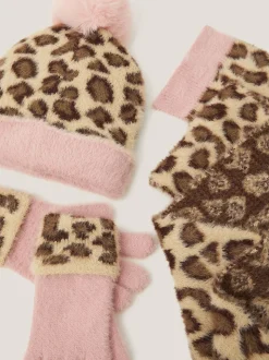 Monsoon Brown Leopard Print Hat Scarf & Gloves Set