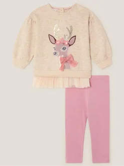 Monsoon Cream Baby Deer Sweatshirt & Leggings Set