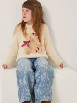 Monsoon Cream Bear Embellished Fuzzy Jumper
