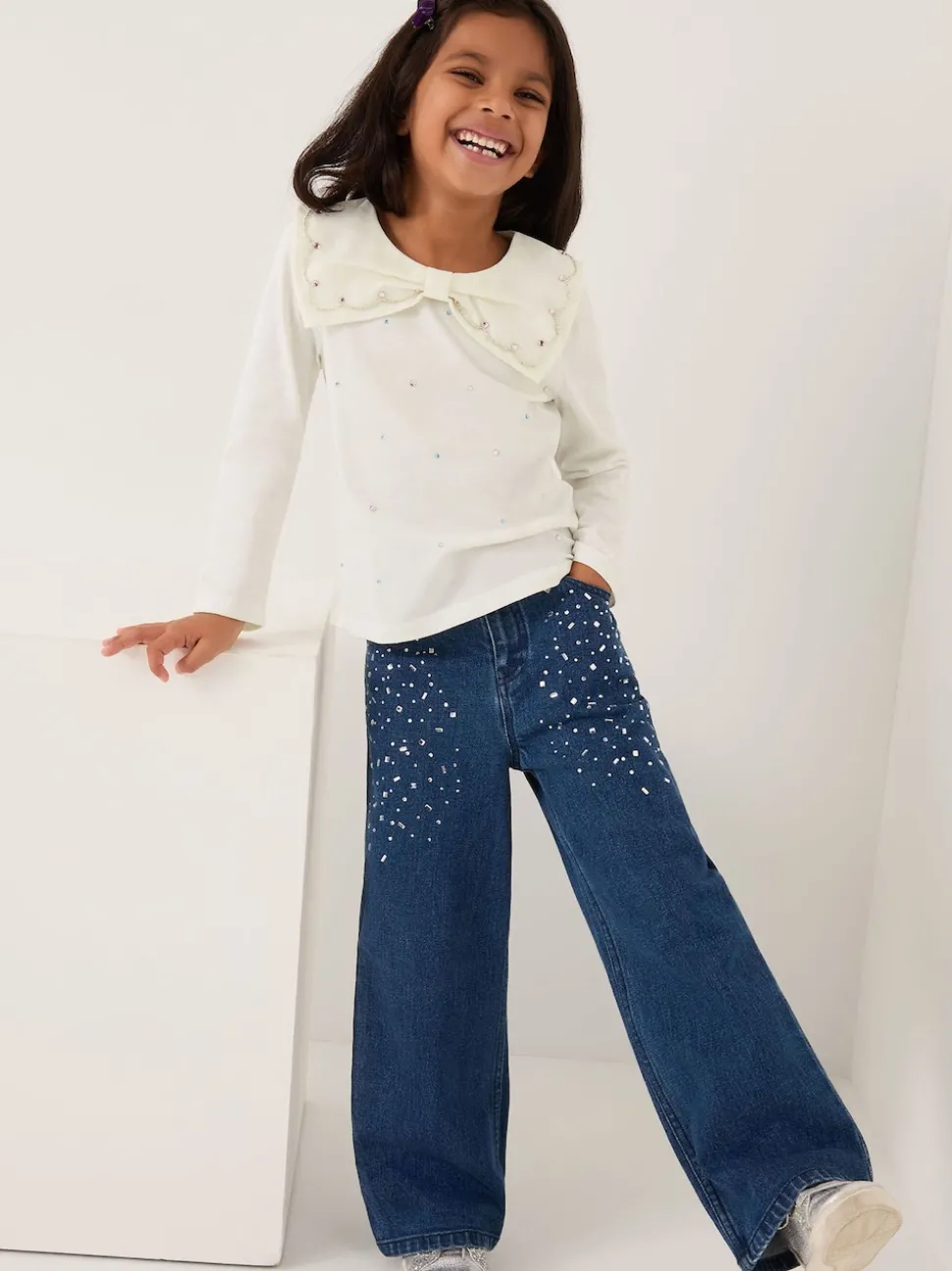Monsoon Cream Bow Collar Rhinestone Top