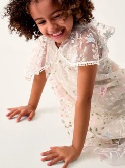 Monsoon Cream Embroidered Floral Cape Sleeve Dress