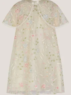 Monsoon Cream Embroidered Floral Cape Sleeve Dress