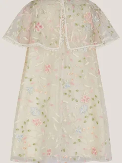 Monsoon Cream Embroidered Floral Cape Sleeve Dress