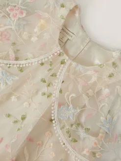 Monsoon Cream Embroidered Floral Cape Sleeve Dress