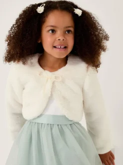Monsoon Cream Marie Bow Faux Fur Shrug