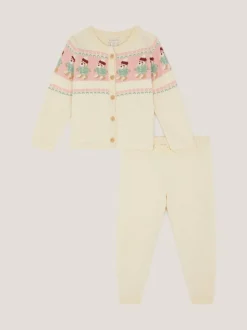Monsoon Cream Newborn Teddy Fair Isle Cardigan & Leggings Set