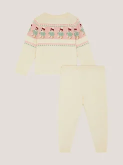 Monsoon Cream Newborn Teddy Fair Isle Cardigan & Leggings Set
