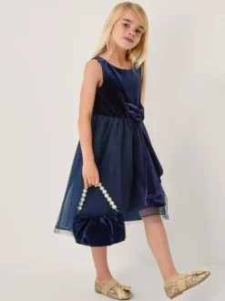 Monsoon Denim Blue Velvet Bow Party Dress