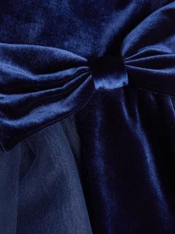 Monsoon Denim Blue Velvet Bow Party Dress