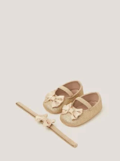 Monsoon Gold Baby Bow Glitter Booties & Headband Set
