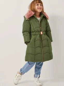 Monsoon Green Belted Scallop Puffer Coat