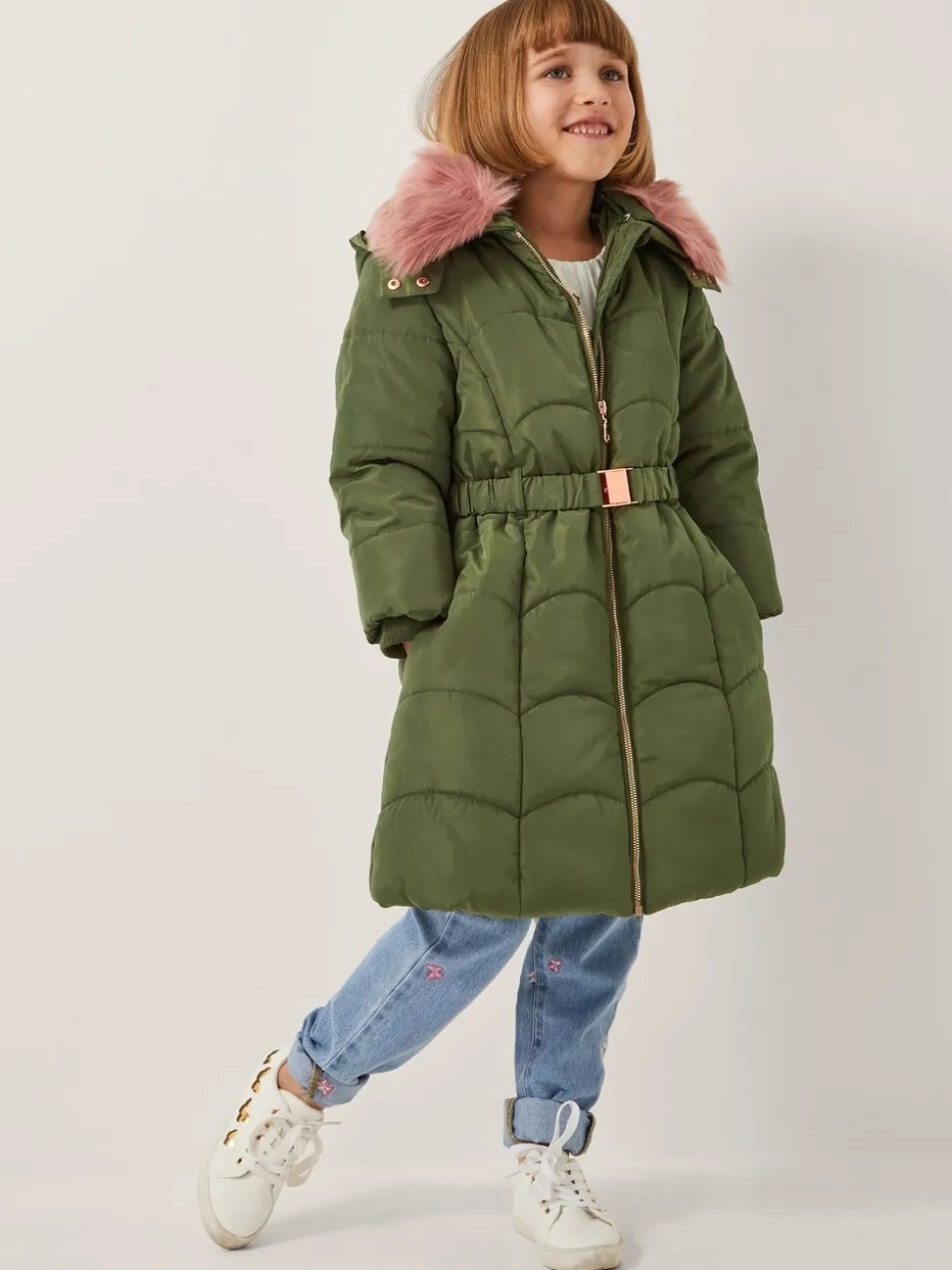 Monsoon Green Belted Scallop Puffer Coat