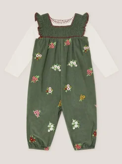 Monsoon Green Long Sleeve Top & Floral Corduroy Dungarees Set