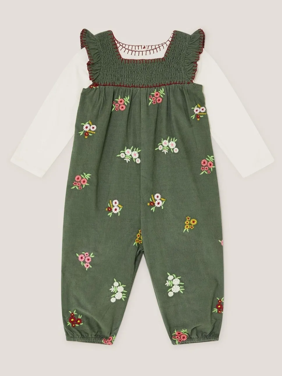 Monsoon Green Long Sleeve Top & Floral Corduroy Dungarees Set