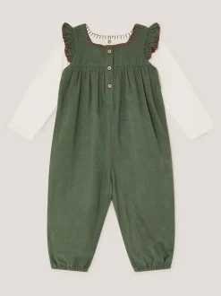 Monsoon Green Long Sleeve Top & Floral Corduroy Dungarees Set