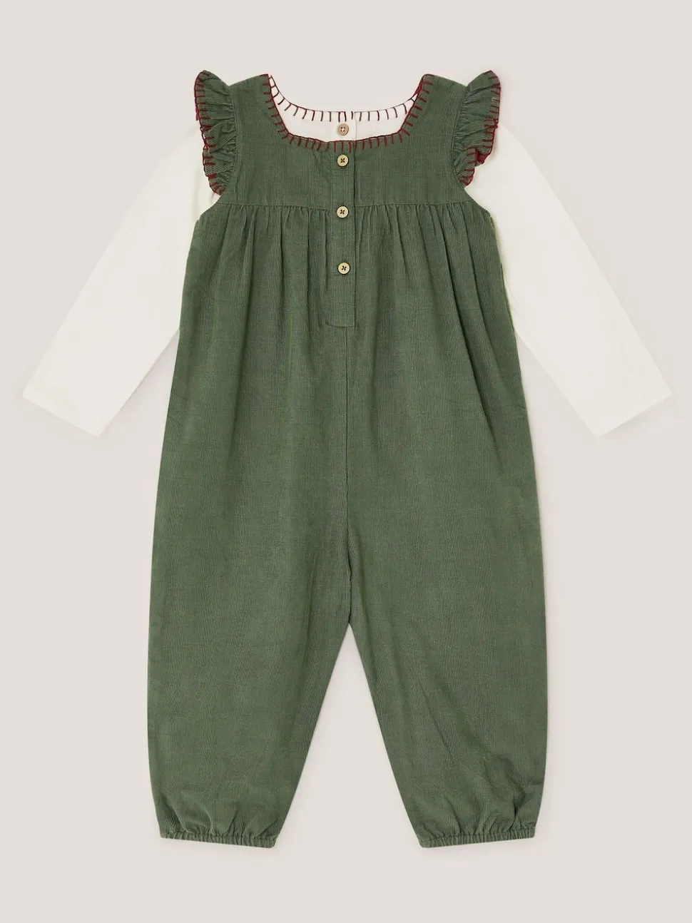 Monsoon Green Long Sleeve Top & Floral Corduroy Dungarees Set