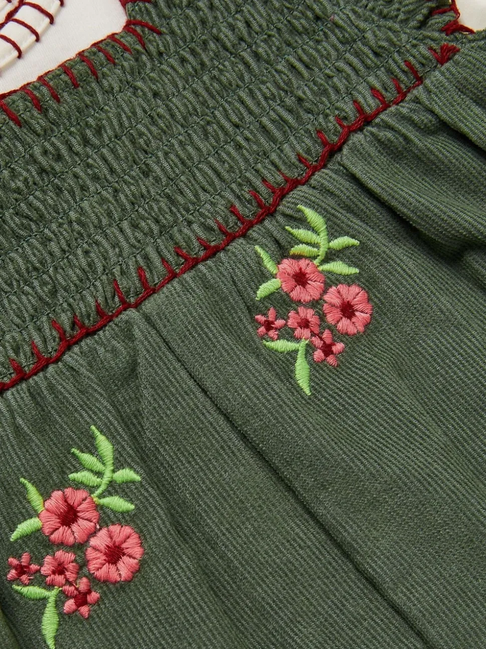 Monsoon Green Long Sleeve Top & Floral Corduroy Dungarees Set