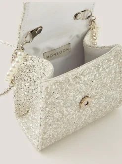 Monsoon Natural Glitter Pearl Bow Handbag & Hair Clips Set