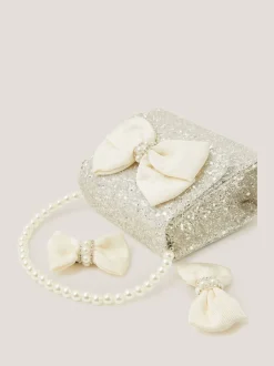 Monsoon Natural Glitter Pearl Bow Handbag & Hair Clips Set