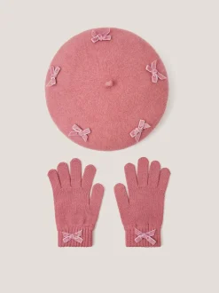 Monsoon Pink Bow Beret & Gloves Set