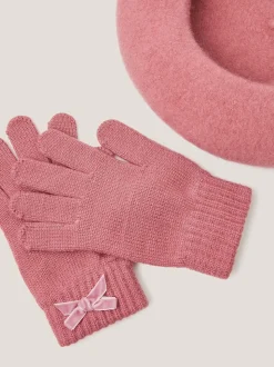Monsoon Pink Bow Beret & Gloves Set