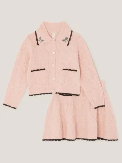 Monsoon Pink Bow Collar Cardigan & Knit Skirt Set