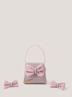 Monsoon Pink Bow Glitter Bag & Hair Clips Set