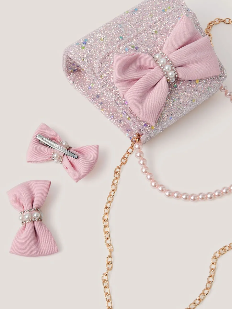 Monsoon Pink Bow Glitter Bag & Hair Clips Set