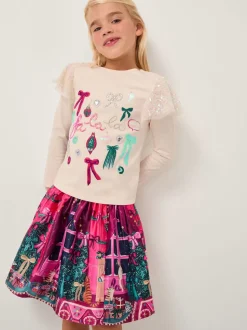 Monsoon Pink Christmas Scene Satin Skirt