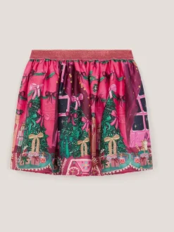 Monsoon Pink Christmas Scene Satin Skirt