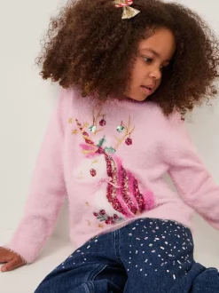 Monsoon Pink Christmas Unicorn Fuzzy Jumper