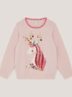 Monsoon Pink Christmas Unicorn Fuzzy Jumper