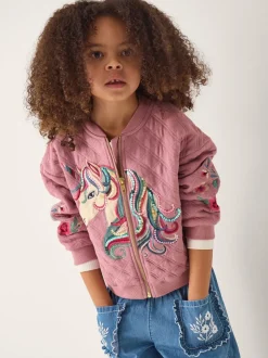 Monsoon Pink Embellished Unicorn Quilted Bomber Jacket
