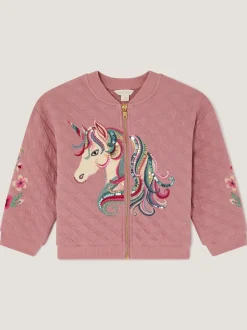 Monsoon Pink Embellished Unicorn Quilted Bomber Jacket