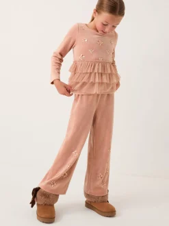 Monsoon Pink Embellished Velour Wide Leg Trousers