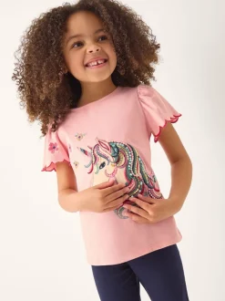Monsoon Pink Embroidered Sequin Unicorn T-Shirt
